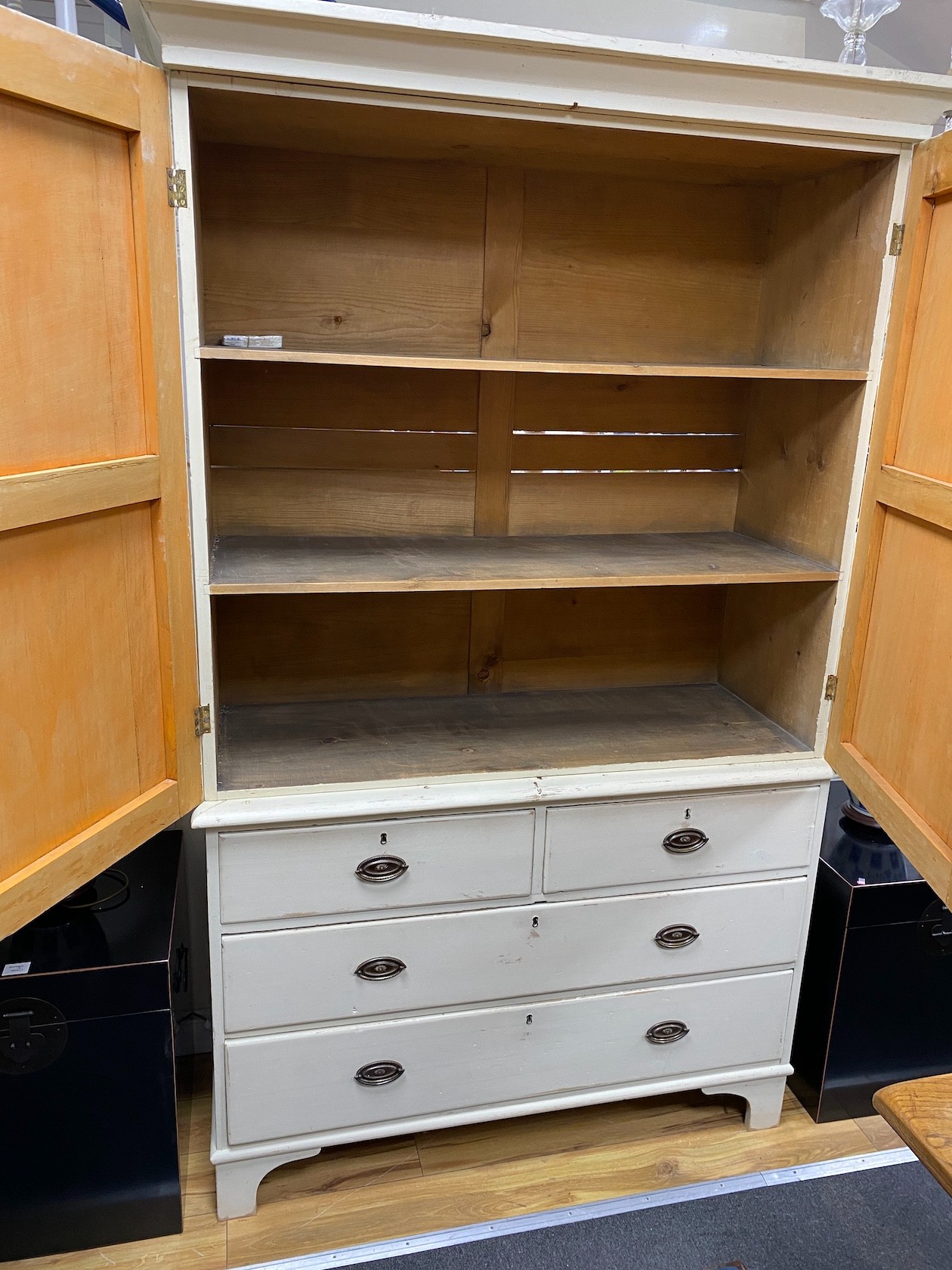 A late Victorian painted pine press cupboard, width 126cm, depth 50cm, height 211cm